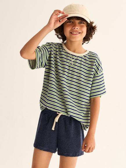 Cozmo Kids' Cotton Blend Striped Towelling T-Shirt, Blue/Green, Blue/Green
