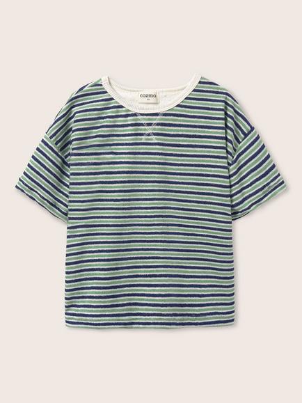 Cozmo Kids' Cotton Blend Striped Towelling T-Shirt, Blue/Green - view 2, Blue/Green