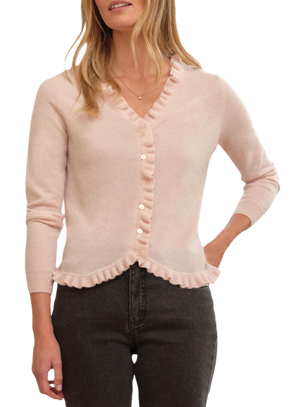 Pure Collection Ruffle Trim Pure Cashmere Cardigan, Pink Mist