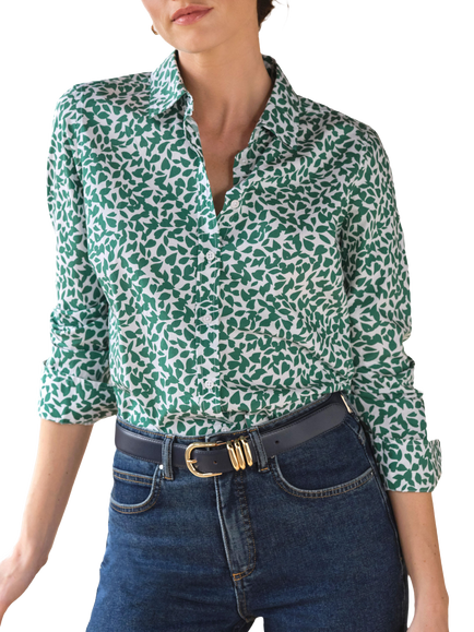 Pure Collection Leaf Print Cotton Voile Shirt, Green, Green