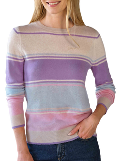 Pure Collection Broad Stripe Pure Gassato Cashmere Jumper, Lilac Multi, Lilac Multi