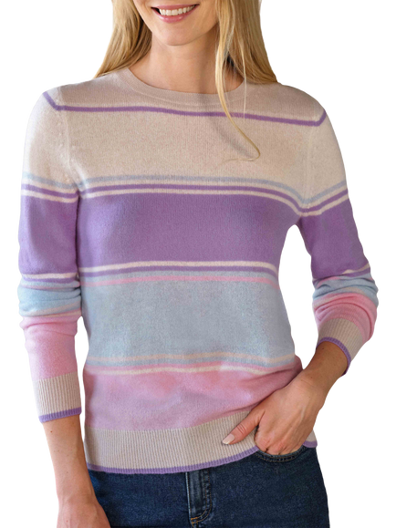 Pure Collection Broad Stripe Pure Gassato Cashmere Jumper, Lilac Multi, Lilac Multi