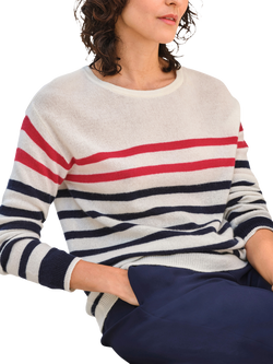 Pure Collection Breton Stripe Pure Gassato Cashmere Jumper, Navy White Red, Navy White Red