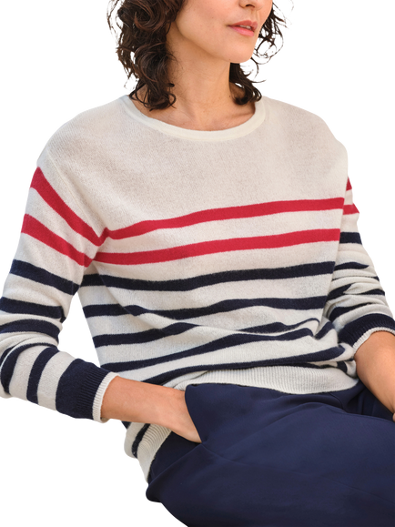 Pure Collection Breton Stripe Pure Gassato Cashmere Jumper, Navy White Red, Navy White Red