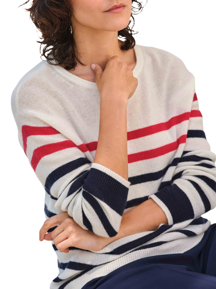 Pure Collection Breton Stripe Pure Gassato Cashmere Jumper, Navy White Red - view 2, Navy White Red