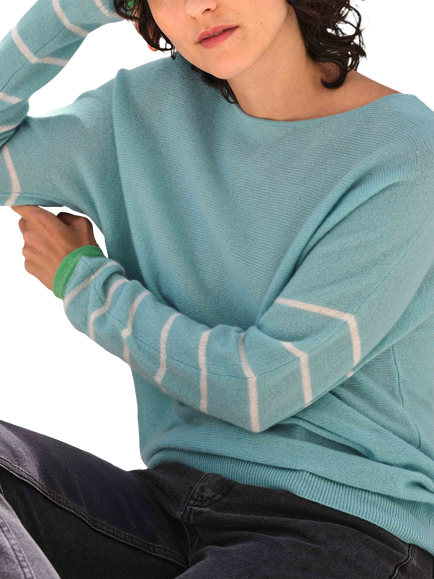 Pure Collection Stripe Pure Cashmere Jumper, Spring Time Blue - view 2, Spring Time Blue