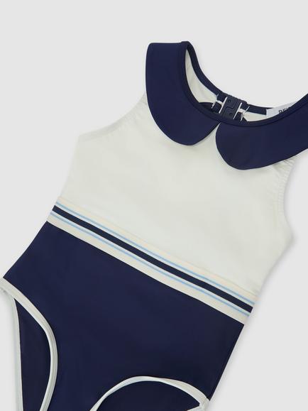 Reiss Kids' Clara Peter Pan Collar Colourblock Swimsuit, Navy - view 2, Navy