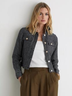 Reiss Bree Textured Linen Rich Trucker Jacket, Navy, Navy