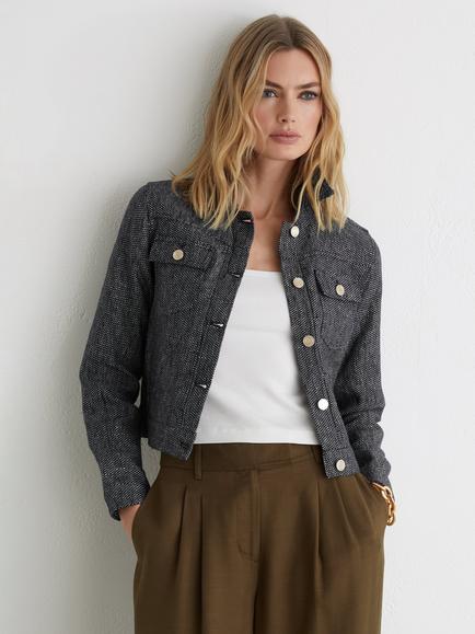 Reiss Bree Textured Linen Rich Trucker Jacket, Navy, Navy