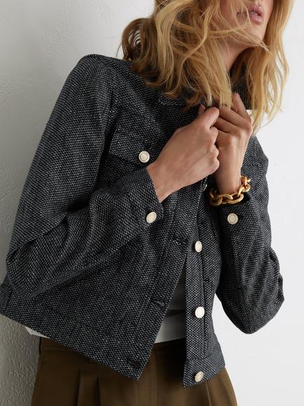 Reiss Bree Textured Linen Rich Trucker Jacket, Navy - view 2, Navy