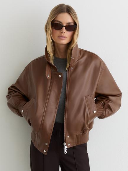 Reiss Cara Leather Bomber Jacket, Chestnut Brown, Chestnut Brown