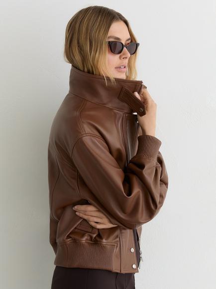 Reiss Petite Cara Leather Bomber Jacket, Chestnut Brown - view 2, Chestnut Brown