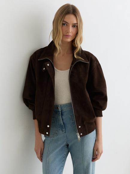 Reiss Petite Cara Suede Bomber Jacket, Chocolate Brown, Chocolate Brown