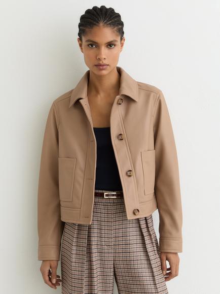 Reiss Petite Sonny Leather Trucker Jacket, Neutral, Neutral
