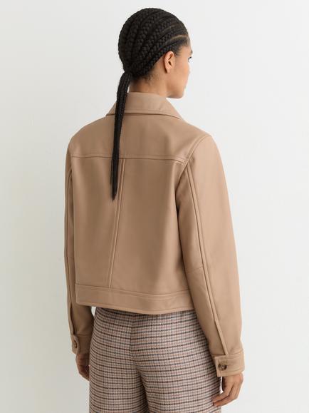 Reiss Petite Sonny Leather Trucker Jacket, Neutral - view 2, Neutral