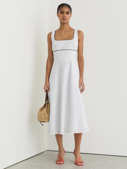 Reiss Dorethea Contrast Detail Pure Linen Dress, Ivory, Ivory