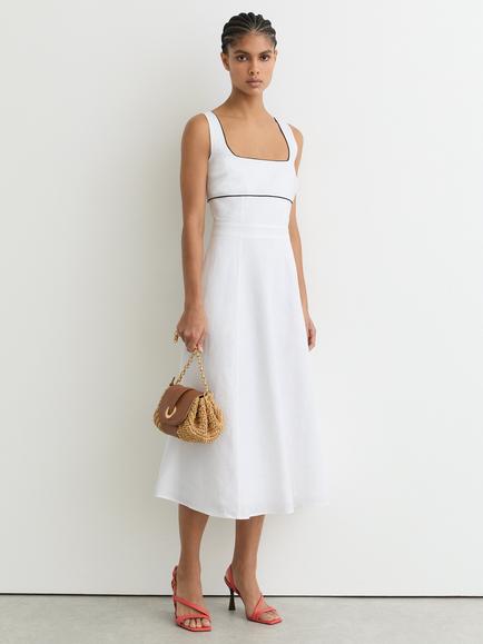 Reiss Dorethea Contrast Detail Pure Linen Dress, Ivory - view 2, Ivory