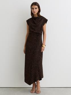 Reiss Harlie Animal Print Ruched Waist Midi Dress, Black/Brown, Black/Brown