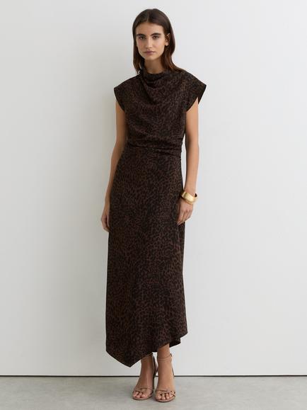 Reiss Harlie Animal Print Ruched Waist Midi Dress, Black/Brown, Black/Brown
