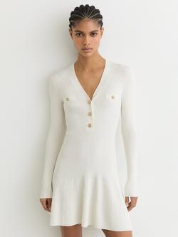 Reiss Lavelle Knitted Button Detail Mini Dress, Ivory, Ivory