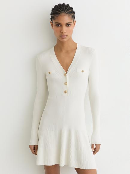 Reiss Lavelle Knitted Button Detail Mini Dress, Ivory, Ivory