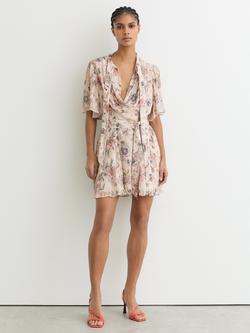 Reiss Luna Metallic Floral Flippy Mini Dress, Neutral, Neutral