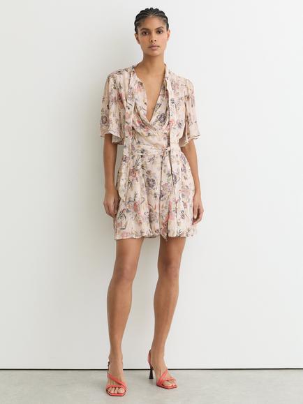 Reiss Luna Metallic Floral Flippy Mini Dress, Neutral, Neutral