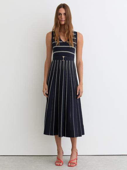 Reiss Mallory Sleeveless Stripe Knitted Midi Dress, Navy/Ivory, Navy/Ivory