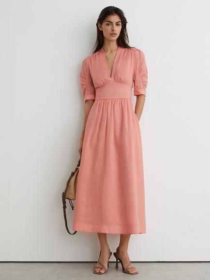 Reiss Poppy V-Neck Midi Dress, Pink, Pink