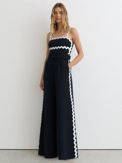Reiss Petite Dash Ric-Rac Trim Wide Leg Jumpsuit, Navy/Ivory, Navy/Ivory