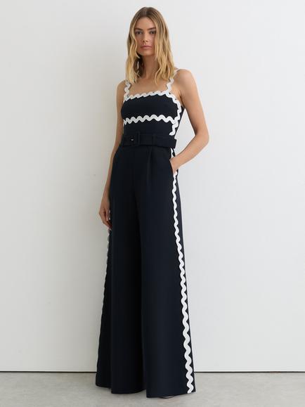 Reiss Petite Dash Ric-Rac Trim Wide Leg Jumpsuit, Navy/Ivory, Navy/Ivory