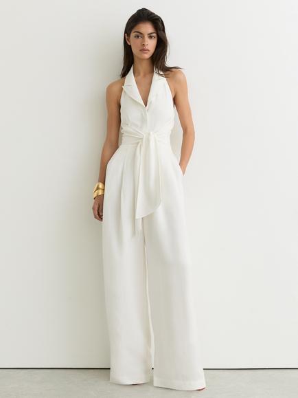 Reiss Taya Tie Front Wide Leg Jumpsuit, Ivory, Ivory