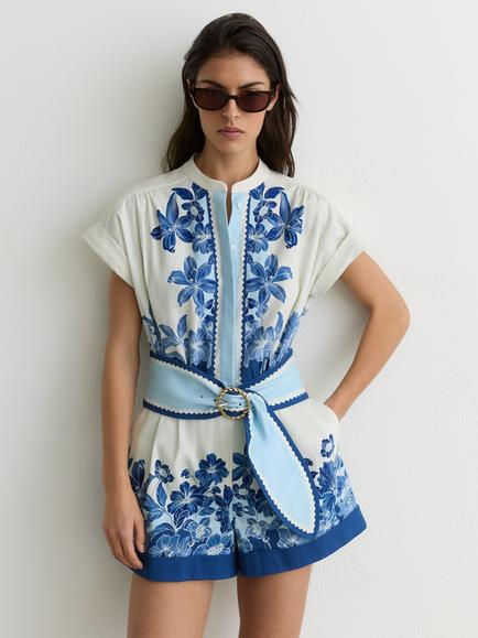 Reiss Soya Floral Belted Playsuit, Navy/Ivory, Navy/Ivory
