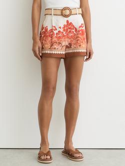 Reiss Samira Floral Belted Pure Linen Shorts, Pink Print, Pink Print