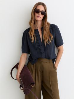 Reiss Aurelia Cotton Textured Short Sleeve Blouse, Navy