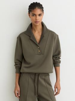 Reiss Bella Button Neck Sweatshirt, Khaki Green, Khaki Green