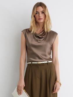Reiss Cate Pure Silk Sleeveless Cowl Neck Blouse, Taupe Brown, Taupe Brown