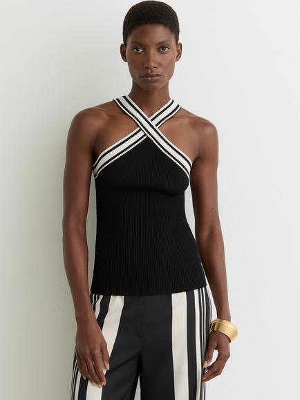 Reiss Ivanna Contrast Stitch Vest Top, Black/White, Black/White
