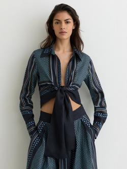Reiss Jackson Scarf Print Tie Front Pure Linen Top, Navy/Ivory, Navy/Ivory