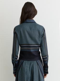 Reiss Jackson Scarf Print Tie Front Pure Linen Top, Navy/Ivory - view 2, Navy/Ivory