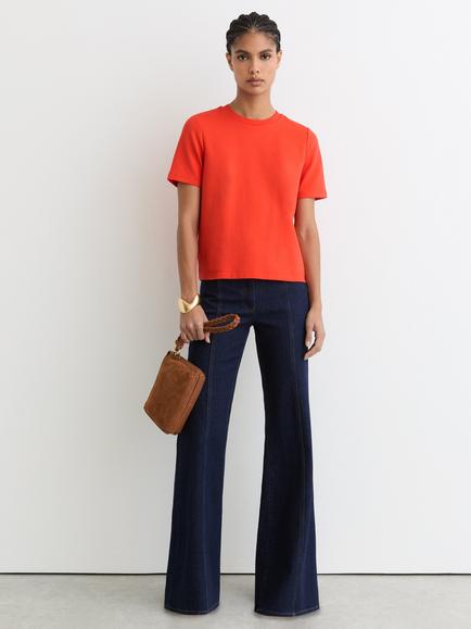 Reiss Josie Ribbed Neck T-Shirt, Coral Red, Coral Red