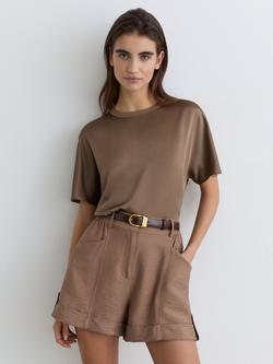 Reiss Lena Pure Silk T-Shirt, Taupe Brown, Taupe Brown