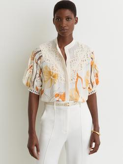 Reiss Louisa Floral Lace Trim Shirt, Ivory/Pink, Ivory/Pink