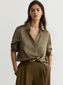 Reiss Marina Collared Pure Silk Top, Khaki Green, Khaki Green