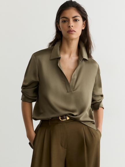 Reiss Marina Collared Pure Silk Top, Khaki Green, Khaki Green
