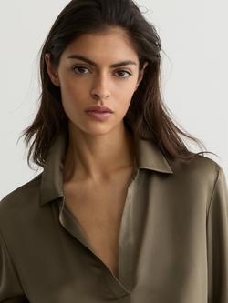 Reiss Marina Collared Pure Silk Top, Khaki Green - view 2, Khaki Green