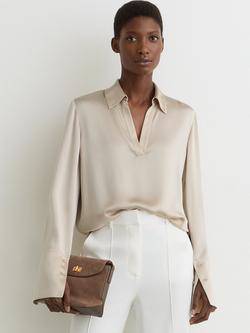 Reiss Marina Collared Pure Silk Top, Neutral, Neutral