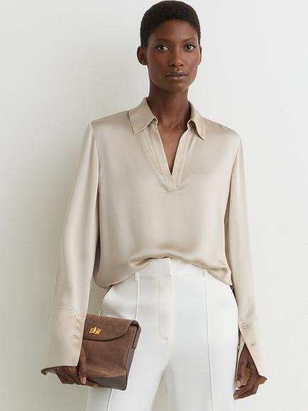 Reiss Marina Collared Pure Silk Top, Neutral, Neutral