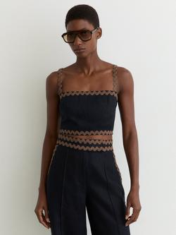 Reiss Mila Ric Rac Trim Top, Navy/Brown, Navy/Brown