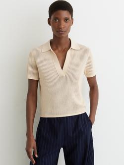 Reiss Pippa Open Knit Polo Shirt, Ivory, Ivory